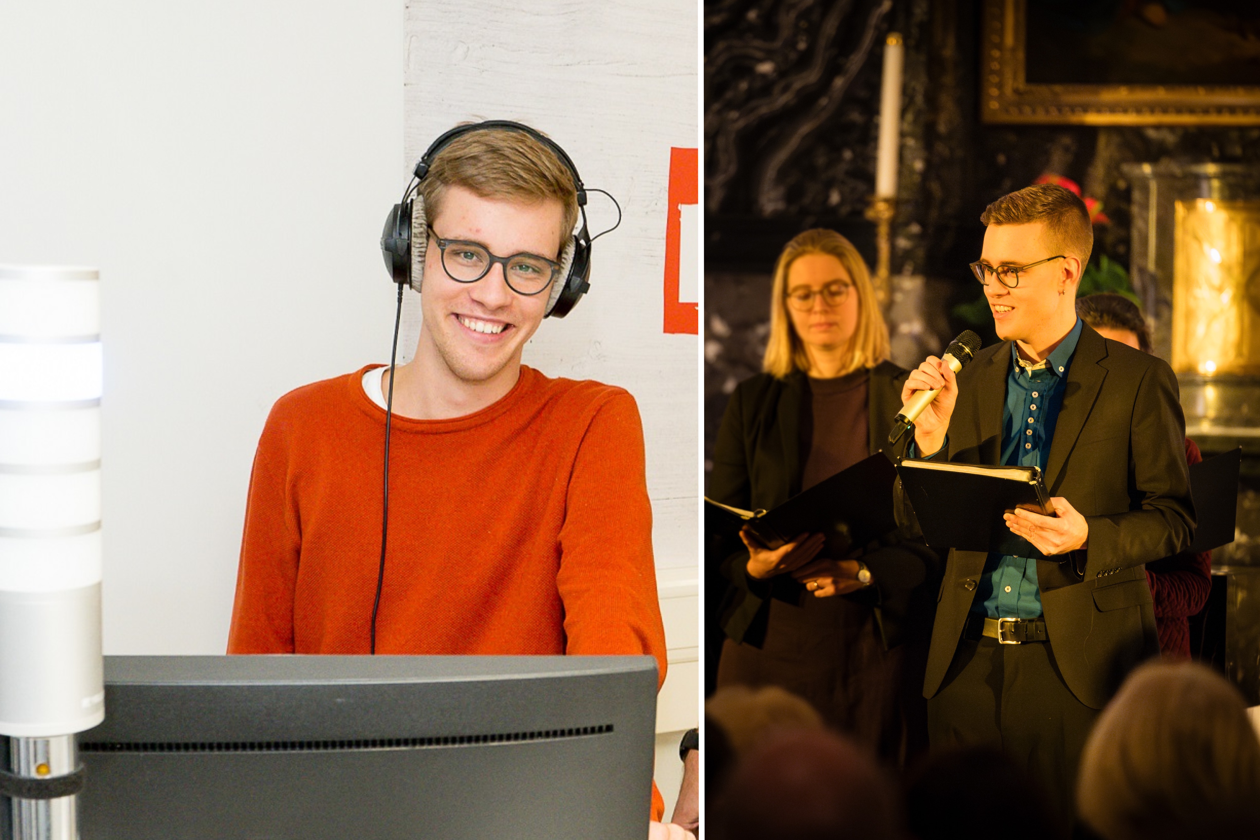 Portrait von Noah Zimmermann im Radiostudio und bei einer Bühnenmoderation
